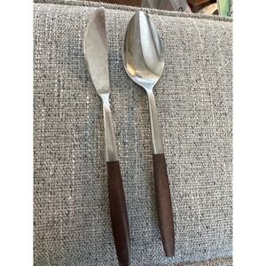 Interpur Stainless Japan Wood‎ Handle Flatware MCM Knife Spoon 2pc Set Vintage